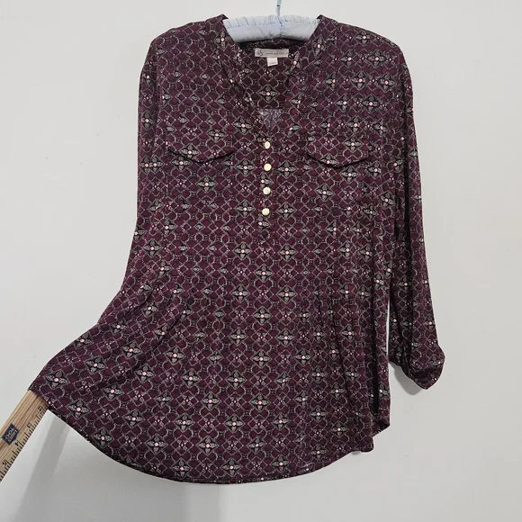 Dressbarn Size L Maroon Polyester Long-Sleeveled Womens Blouse Top Shirt with - Picture 16 of 16